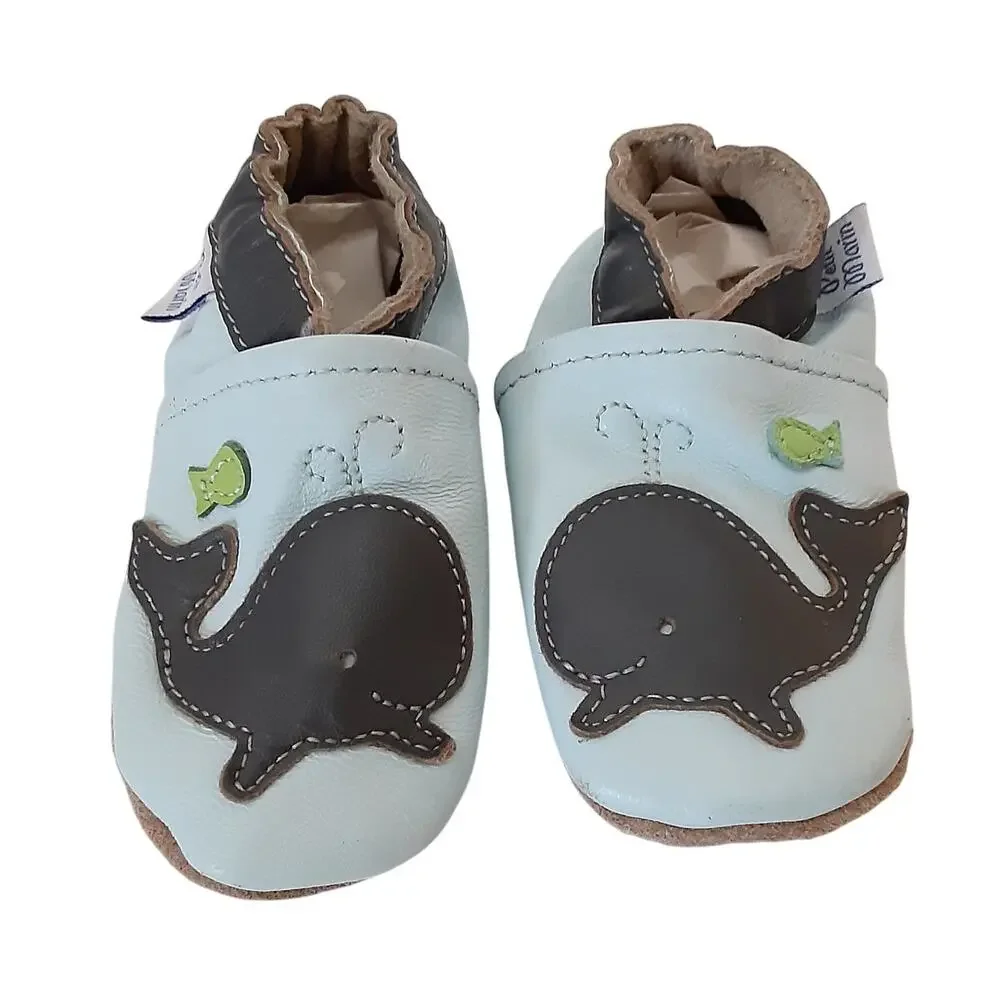 Petit Marin Leather Crib Shoes Blue Whale Soft Soles Tan Suede 6-12mo Baby Boy